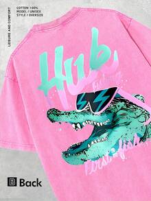 2026 "Huk Fishing First Fish" Men's Vintage-Style Printed T-Shirt, Featuring A Fun Crocodile Pattern Print, Casual Round Neck, Short Sleeves, 230g Washed Cotton, Summer Outdoor Apparel, An Ideal Gift For Fishing Enthusiasts - 灰色的 - 查看 10