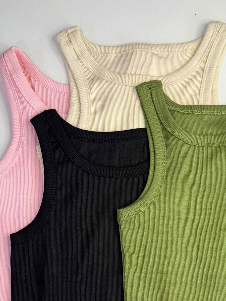 Kit 4 Women's Tank Top Foreign Blogger Premium Stylish Blouse Spring End Of Year Children's Day - 粉紅色,米色,深綠色和黑色 - 查看 1