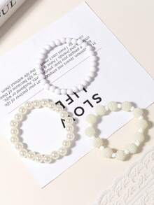 5 件套时尚简约儿童仿珍珠串珠手链，可爱女孩珠宝 - 白色 - 查看 8