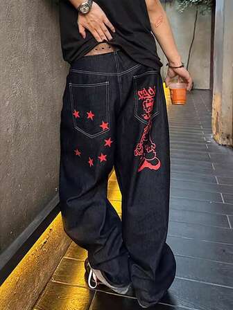 1 pieza Jeans de pierna ancha con estampado de estilo callejero vintage americano para hombres, pantalones casuales versátiles de moda de corte holgado (cinturón y accesorios no incluidos)