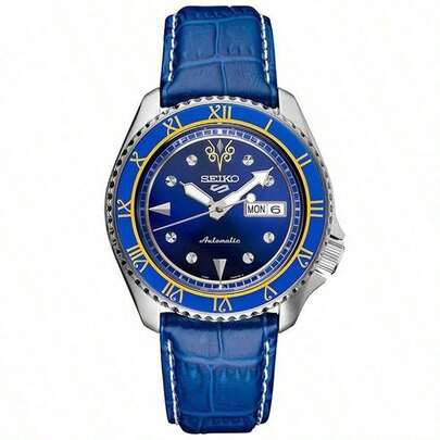 Seiko 5 Sports X Animation Joint Name Automatic 24 Jewels Blue Dial Blue Calf Leather Strap Day Date Display Men's Watch SRPF17K1