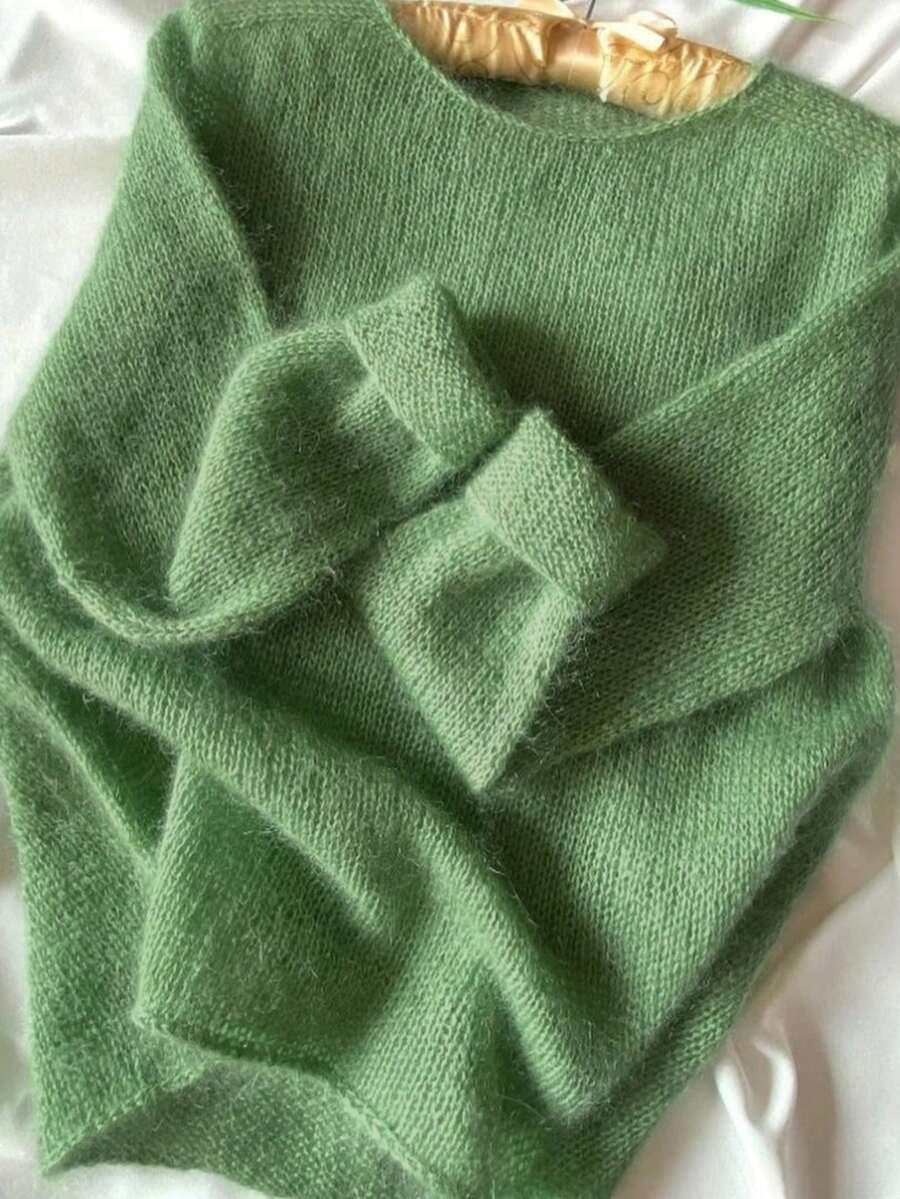 Nuovo maglione a girocollo da donna, in colore unito, con spalle scoperte e maniche lunghe, casual ed elegante, adatto per uso quotidiano, per andare a scuola, per Natale - Verde - Visualizzare 1