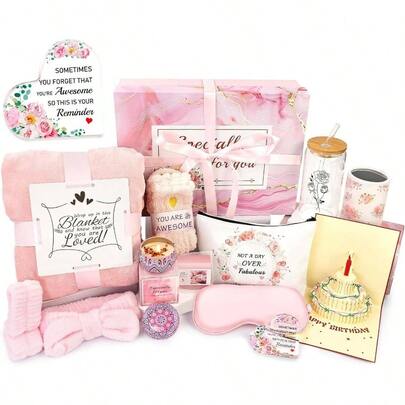 Birthday Gifts Women, 13pc Valentine Basket Women Birthday Unique, Spa Basket Care Package Get Well Soon Box Teen, Sister, Mom, Mother's Day Pink