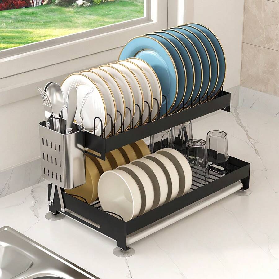 LIVINGANDHOME Living And Home 2-Tier Carbon Steel Dish Drainer Rack,Kitchen Dish Drying Rack,Kitchen Organizer Storage Shelf - Gunmetal Grey - View 1