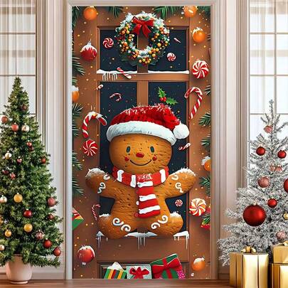 1 pièce Couverture de porte de Noël en polyester avec motif d'homme en pain d'épices - 90 x 180 cm (35,4 x 70,8 pouces) Décoration de fête pour usage intérieur et extérieur, facile à accrocher, sans électricité nécessaire
