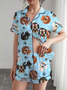 2 件套女士睡衣套装，可爱的腊肠犬印花，柔软的面料，适合节日派对的睡衣，舒适的短袖领扣衬衫和松紧腰短裤，时尚休闲装，适合户外和室内穿着，四季皆宜 - 淺藍色 - 查看 4