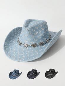 1pc Women's Fashionable Sequin Vintage Distressed Ombre Heart Chain Decor Denim Cowboy Hat, Fedora, Versatile Jazz Hat, Suitable For Parties, Western Themed Events, Gatherings, Cosplay, Graduation, Masquerade, Festivals, Birthday Celebrations, Music Festivals, Daily Wear
