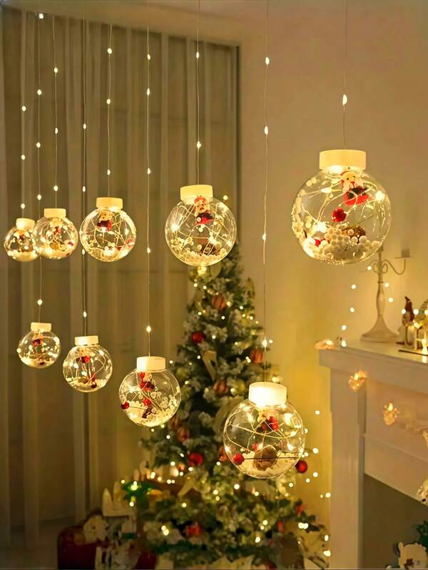 10 luces de cortina de Navidad con diseños de Papá Noel/árbol de Navidad/muñeco de nieve - Luces de bola de deseos multifuncionales de Navidad - Alimentadas por USB con 8 modos, adecuadas para decoración interior y exterior, clásicas luces de cortina de Navidad LED | Bola de deseos con colgante de muñeco de nieve alimentada por USB, con control de botón, luces amarillas intermitentes
