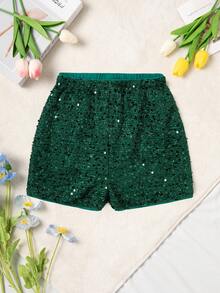青少年女孩休闲亮片短裤（AZ221） - 綠色 - 查看 1