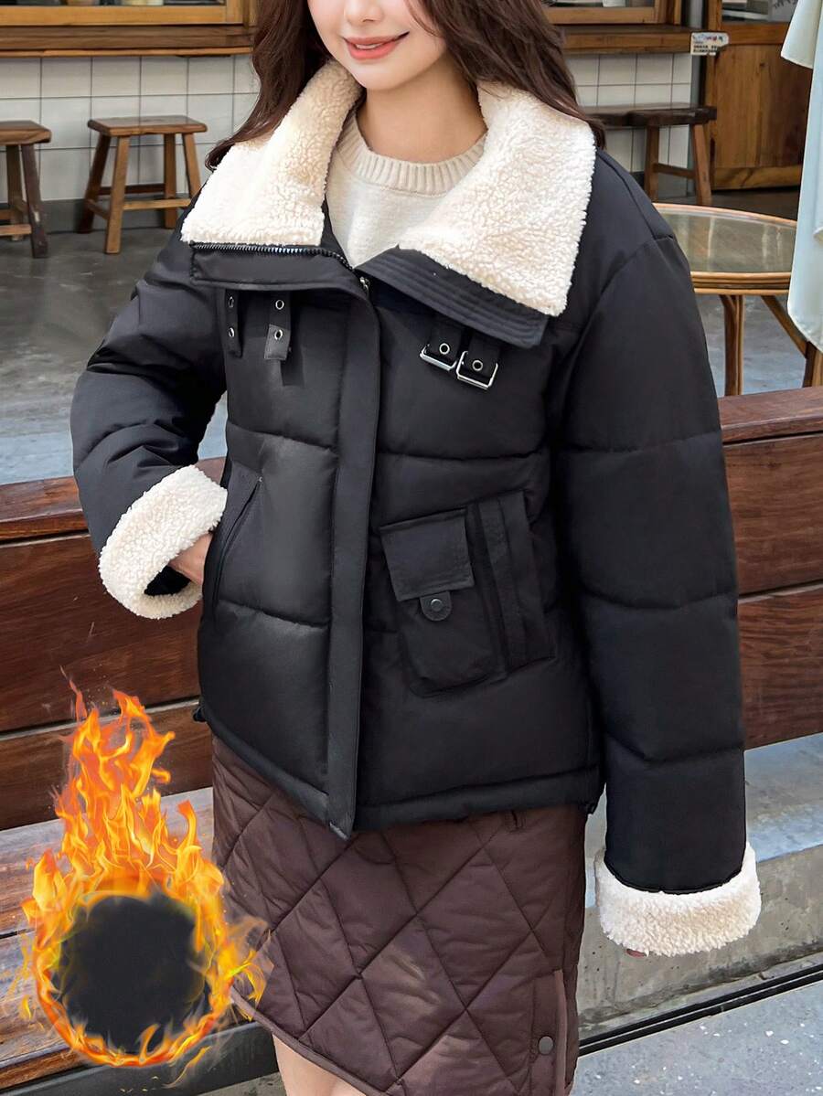 Cappotto corto imbottito e chic da donna, con colletto e polsini in pelliccia sintetica, caldo, invernale, a maniche lunghe, vestibilità regular, con zip e tasche