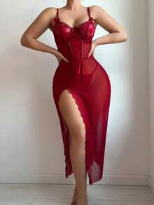 2pcs Set: Spaghetti Strap Dress With Lace Patchwork, Asymmetric High Slit & Bow Accent + Thong Panty - Burgundy - View 3