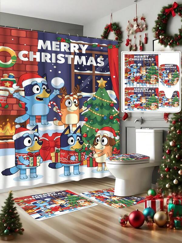 Bluey [Christmas Bluey Shower Curtain Window Curtain Set] 1/3/4 Pcs Christmas Solid Color Santa Hat Bluey Family And Friends Holiday Pattern Printed Shower Curtain Set, Modern Design, Suitable For All Seasons, Waterproof Polyester Hooks And Lining, Flannel Material, Soft Surface, Absorbent Anti-Slip Bathroom Mat, Bathroom Set Includes U-Shaped Mat, Toilet Mat, Anti-Slip Bathroom Mat And Bathroom Accessories, Home Decor, Holiday Decor, Christmas Gift, Daily Decor, Gift Giving