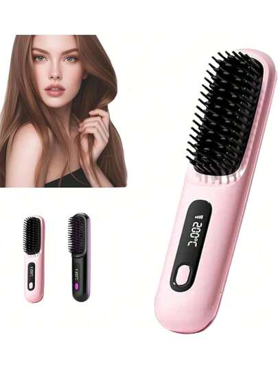 A Portable Cordless Straightening Brush With Negative Ion Treatment And USB-C Charging, It Heats Up In 30 Seconds, Has Three Temperature Settings, And Is Compact And Portable. It Features An LED Display And Is Suitable For Soft, Straight, Or Slightly Curly Hair. It Also Features A Ceramic Coating To Prevent Frizz. Available In Pink And Black, It's The Perfect Gift For The Holidays.