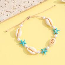 1pc Women's Handmade Woven Anklet With Seashell, Turquoise, Starfish And Faux Pearl Beads, Suitable For Beach Vacation - Multicolor - View 5