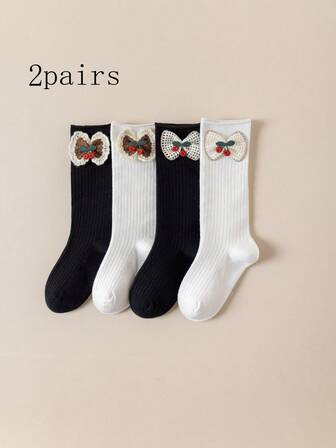 2 Pairs Girls Knee High Socks, Children Leg Warmers, Korean Style Bow Design, Suitable For Autumn/Winter