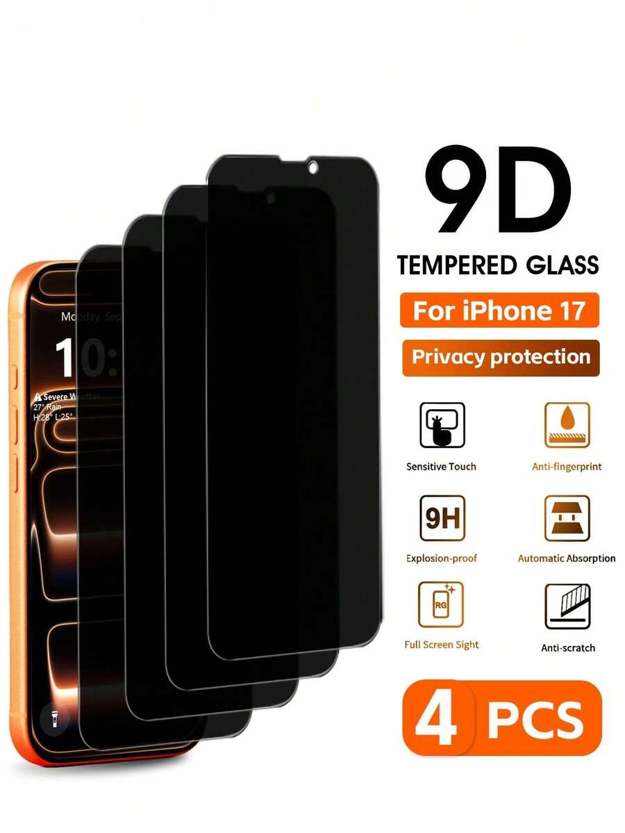 ZYSHI 4pcs Anti-Spy Tempered Glass Screen Protector, Compatible With IPhone 17/Air/17 Pro/17 Pro Max/16 Pro Max/15 Pro Max/14 Pro Max/13/12/11 Pro Max/7/8/SE2/X/Xs/Xr/Xs Max/16e, Anti-Peeping Phone Accessories