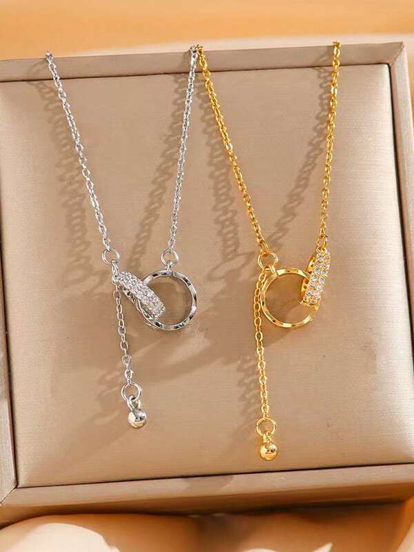 1pc Titanium Steel Double Ring Necklace, Interlocking Tassel Choker Necklace, Elegant High-End Suitable For Women Daily Wear, Holiday Party Gift