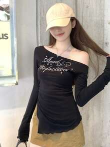 复古美式坏蛋不对称字母水钻缀饰长袖T恤，修身斜肩上衣，适合初秋 - 黑色 - 查看 7