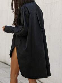 Camisa casual de manga larga con botones de unicolor de primavera/otoño para mujer, bajo alto