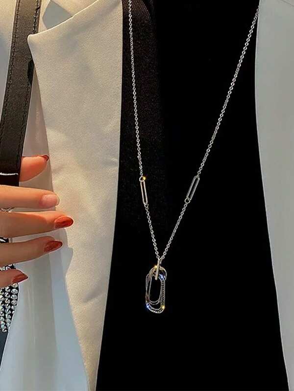 Minimalistischer Strass-Geometrie Langhalskette aus Titan-Stahl, nicht verblassend, für Frauen, modisch elegante hochwertige Pullover-Kette