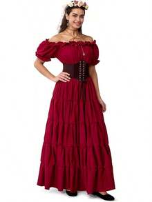 5-Piece Vintage Dress Set For Women, Renaissance & Medieval Style Collection, Fairy Cottagecore Themed Gowns - Đầm màu đỏ tía kèm phụ kiện - Xem 3