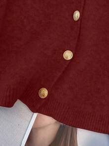 1pc Solid Color Front Button Round Neck Casual Loose Minimalist Metal Button Long Sleeve Sweater, Versatile Spring/Winter Tops For Women - Burgundy - View 7