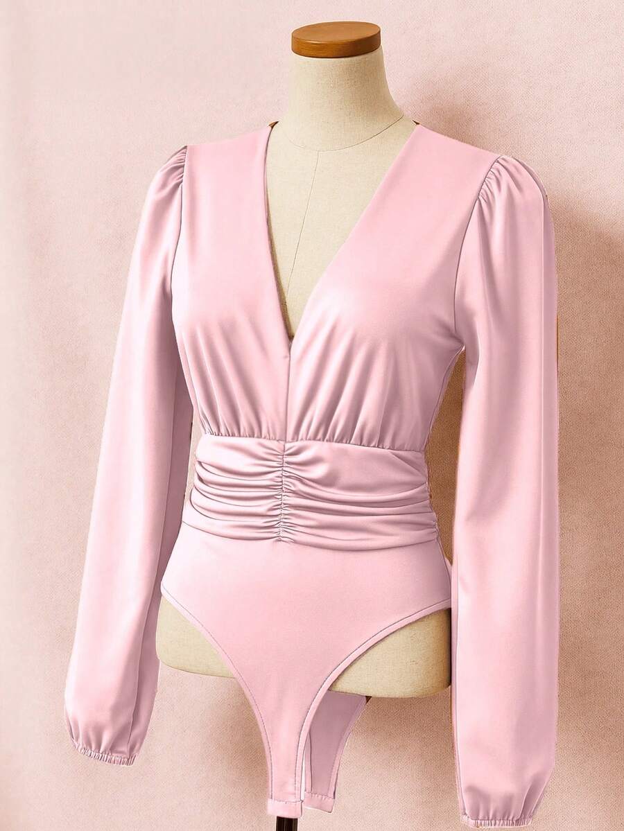 Women's Bodysuit With Long Puff Sleeves, Stylish And Fresh, Made Of Suplex Fabric - 淺粉紅色 - 查看 1