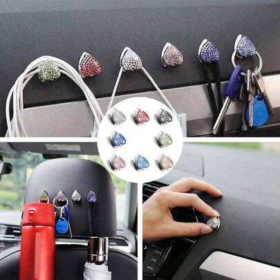 4pcs Heart-Shaped Crystal Hook - Shining Car Accessory, Multipurpose Adhesive Hanger For Dashboard, Keys, Charging Cable, DIY Home Decor, Gift Loved Ones