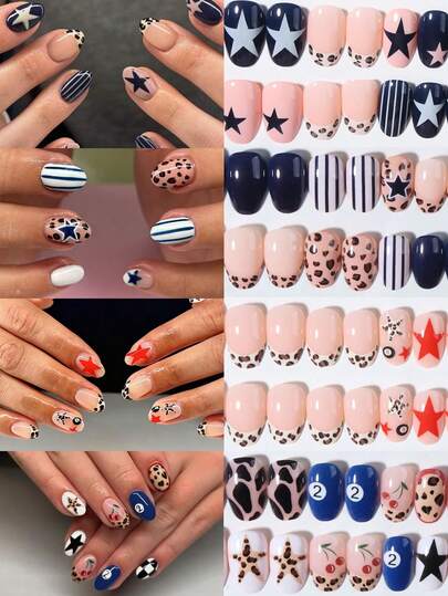 96 piezas (4 diseños surtidos) Puntas de uñas acrílicas ovaladas con estampados de leopardo, rayas, cerezas y estrellas, manicura francesa, ajuste perfecto. El set incluye: 1 botella de esmalte de gel y 1 lima de uñas. Las uñas cortas con estrellas y bolas de 8 hacen que tus dedos brillen hermosamente, adecuadas para fiestas, baile y uso diario. Suministros para uñas