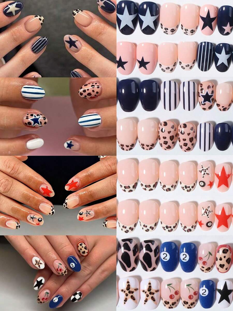 96 chiếc (4 kiểu dáng khác nhau) Móng giả acrylic hình oval, họa tiết da báo, sọc, quả anh đào và ngôi sao, kiểu móng Pháp, vừa vặn hoàn hảo, bộ sản phẩm bao gồm: 1 lọ sơn gel và 1 dũa móng. Móng giả hình ngôi sao và quả bóng số 8 giúp đầu ngón tay bạn tỏa sáng rực rỡ, phù hợp cho các bữa tiệc, khiêu vũ và sử dụng hàng ngày. Dụng cụ làm móng - Nhiều màu - Xem 1