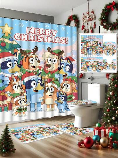 Bluey [Christmas Bluey Bathroom Curtain Shower Set] 1/3/4 Pcs Christmas Santa Hat Bluey Family And Friends Holiday Pattern Printed Shower Curtain Set, Modern Design Suitable For All Seasons, Waterproof Polyester Hooks And Lining, Flannel Material Soft Surface, Bathroom Absorbent Anti-Slip Mat, Bathroom Set Includes U-Shaped Mat, Toilet Mat, Anti-Slip Bathroom Mat And Bathroom Accessories, Home Decor, Holiday Decor, Christmas Gift, Daily Decor, Gift]