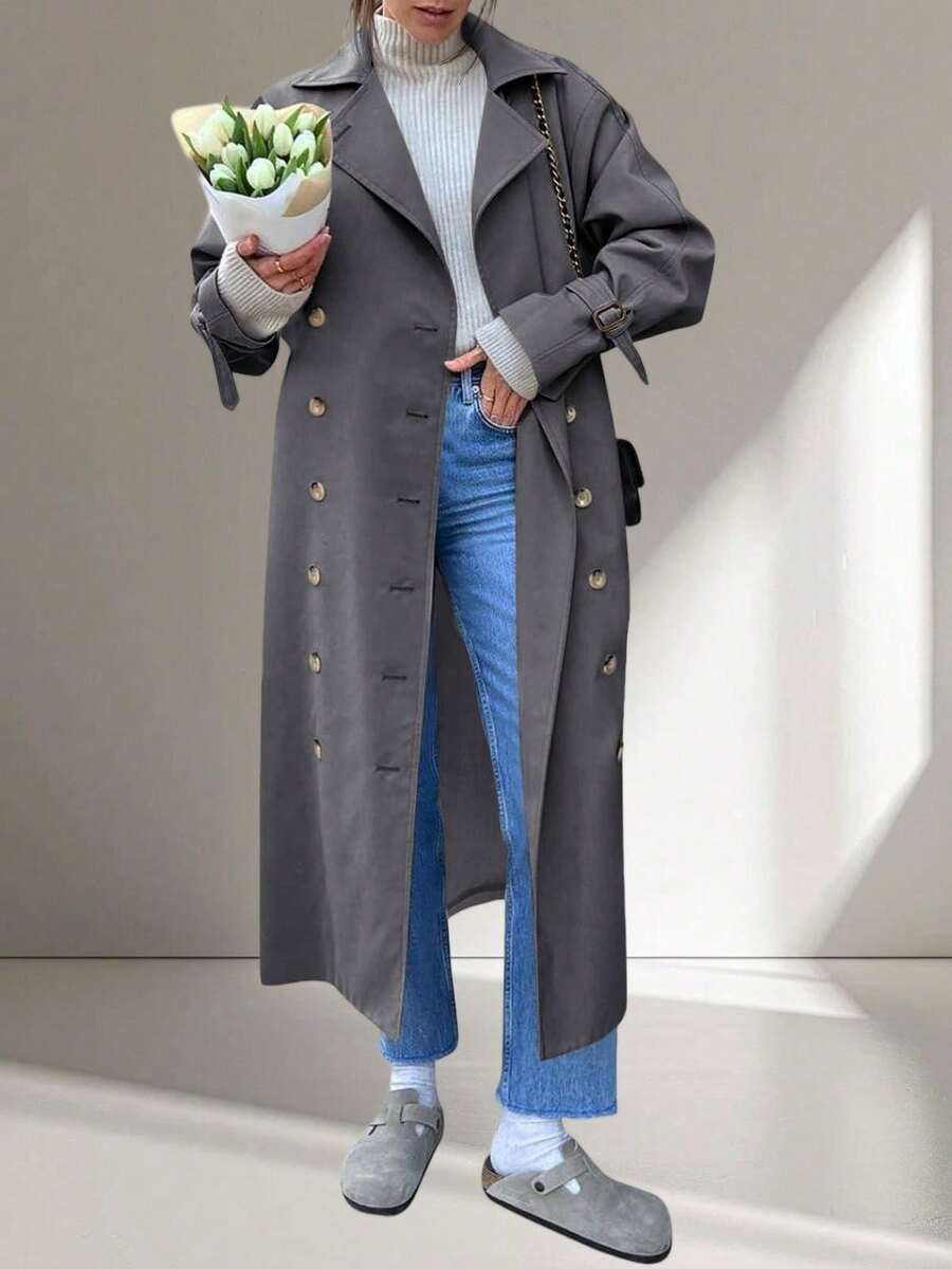 Womens Long Trench Coat Oversized Double Breasted Lapel Elegant Casual Chic Fall Outerwear - 深灰色 - 查看 1