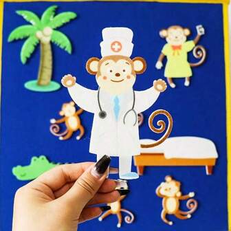 Quixorblex 10 件套毛毡套装、五只小猴子讲故事道具、课堂互动教学辅助工具、围裙戏剧表演工具、蒙特梭利教育用品、毛毡板学习资源、开学必备品、创意语言教学工具，适用于课堂、聚会和团队游戏