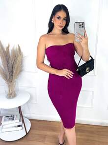 Vestido Feminino Tomara que caia Tricô Tricot Canelado Elegante e Casual - Beje - Visão 5