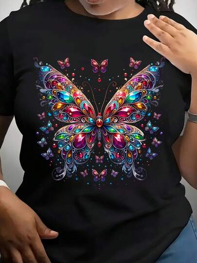 Colorful Butterfly Art Design Graphic Shirt For Women And Men, Vibrant Wings Pattern With Surrounding Butterflies, Perfect For Nature Lovers And Art Enthusiasts, Ideal Gift For Spring And Summer Seasons, 220g