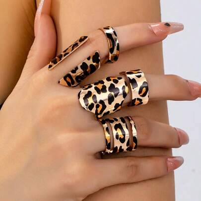 5pcs Chic Leopard Print Ring Set For Women - Vintage & Boho Style, Iron Crafted, Perfect For Casual Attire
