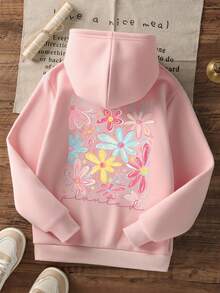 1件少女休闲印花套头卫衣，保暖内衬，长袖，秋冬季学生服装 - 粉色 - 查看 3