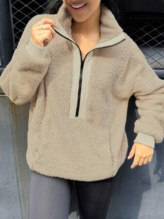 女式休闲纯色翻领半拉链双面羊毛运动衫，秋季