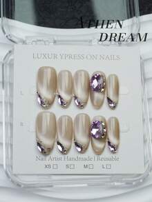 10 pezzi di unghie finte ovali realizzate a mano, unghie lunghe, eleganti unghie color champagne, unghie gatto brillanti, grandi gemme di pietra viola, unghie autunnali semplici ed eleganti di lusso, unghie finte autunnali, unghie versatili fai-da-te per feste, uso quotidiano e appuntamenti, adatte per vacanze al mare e tropicali, riutilizzabili, per donne e ragazze come regalo e forniture per unghie