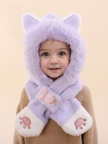 1 件装儿童可爱猫耳朵保暖冬季毛绒护耳脖帽带猫爪刺绣，一体式帽子围巾套装