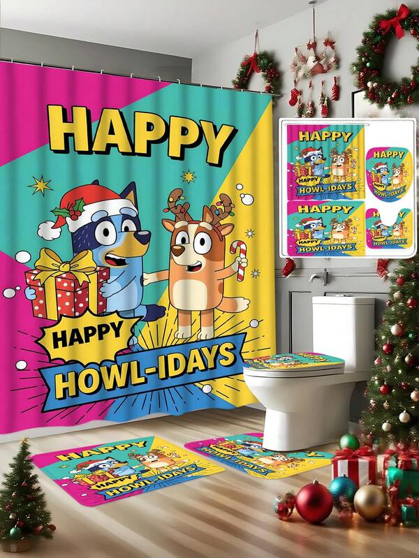 Bluey [Weihnachts-Bluey Badezimmer Duschvorhang Set] 1/3/4 Stücke Weihnachts-Einfarbig Weihnachtsmann Mütze Bluey Familie und Freunde Feiertags Muster bedruckter Duschvorhang Set, modernes Design geeignet für alle Jahreszeiten, wasserdichter Polyester mit Haken und Futter, Flanell Material mit weicher Oberfläche, saugfähige rutschfeste Badezimmermatte, Badezimmer Set beinhaltet U-förmige Matte, Toilettenmatte, rutschfeste Badezimmermatte und Badezimmer Accessoires, Heimdekoration, Weihnachtsdekoration, Weihnachtsgeschenk, Alltagsdekoration, Geschenk]
