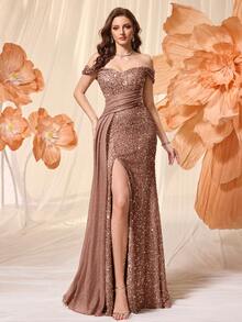 UNITHORSE Plus Size Women Backless Glitter High Slit Trailing Dress, Elegant Flowing Evening Gown - Coffee Brown - View 3