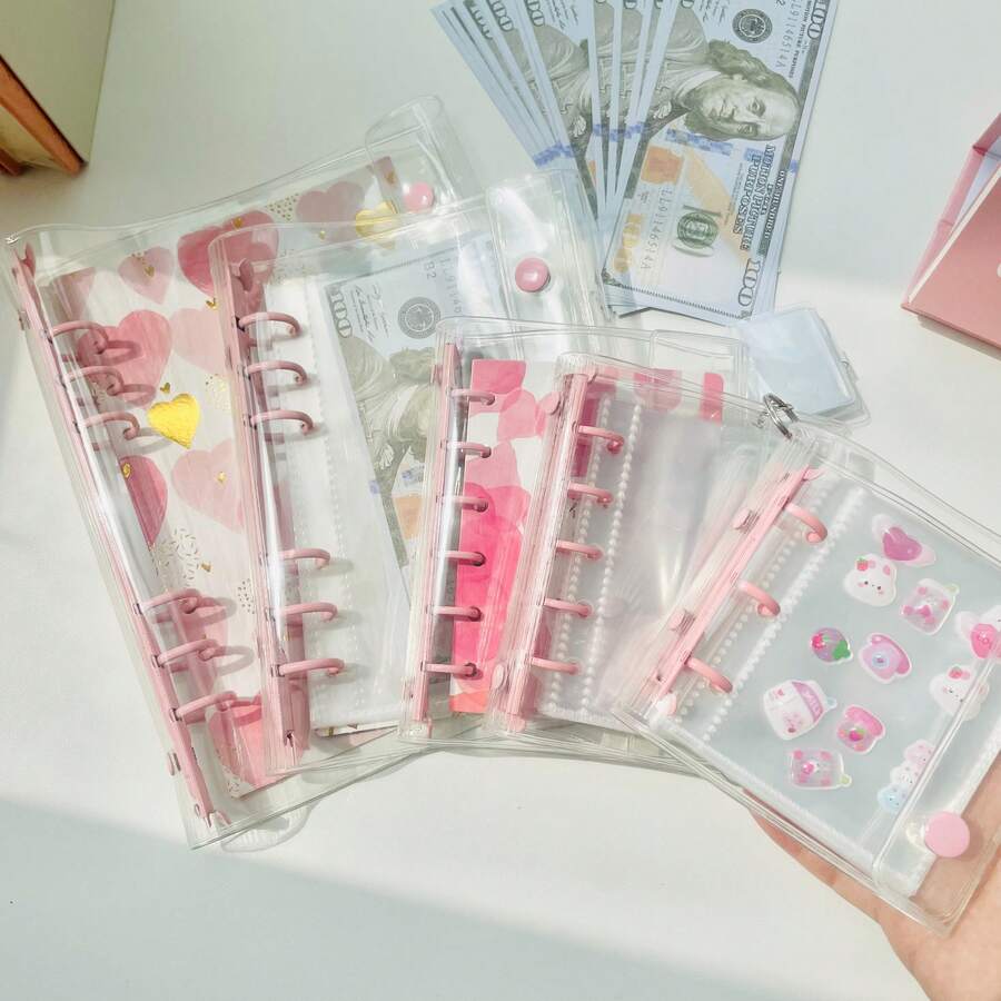 1pc A5/A6/A7/A8/M5 Transparent Pink Portable Loose Leaf Binder, Girly Pink Transparent Sticker Book Loose Leaf Binder, Seal Book, Sticker Backing, Stamp Album, Pocket Book, 3D Stickers, Sticker Book, Photo Storage Bag, Book Cover, Trading Card Box, Can Be Used As Photo Album, Budget Planner, Diary, Notebook, Office Supplies,Card Holder