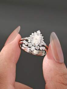 2 piezas Anillos de óvalo de circonita brillante de plata S925 de lujo, regalo conmemorativo para mujeres para aniversario, Navidad