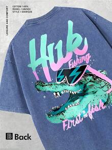 2026 "Huk Fishing First Fish" Men's Vintage-Style Printed T-Shirt, Featuring A Fun Crocodile Pattern Print, Casual Round Neck, Short Sleeves, 230g Washed Cotton, Summer Outdoor Apparel, An Ideal Gift For Fishing Enthusiasts - 灰色的 - 查看 7
