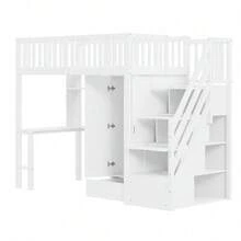 Loft Bed With Integrated Wardrobe, Desk, And Shelves: 90x200 Cm Multifunctional Wooden Bed Frame With Storage Stairs, Space-Saving Design, White - White + Solid Wood + 90cm*200cm-4 - View 9