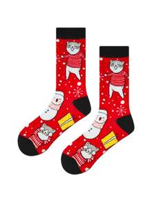 1 Pair Of Men's Christmas Themed Cute Cat Socks With Red Sweater Pattern, Essential For Festive Atmosphere, Comfortable, Perfect Gift For Men, Perfect Choice
