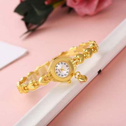 1pc Women's Fashion Small Gold Watch, Vintage Bracelet Style, Minimalist Heart Pendant, Gift For Friends, Girlfriends, Holidays