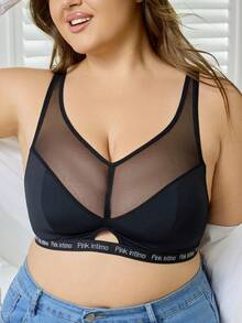 Comfy Plus Size BLACK Bra In Mesh Material With Supportive Design,Plus Size Wireless Curve Bralette, Minimalist Style, BLACK See Through Bralette Mesh Bra - Black - View 7