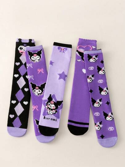 5 Pairs Of Children's Socks Autumn And Winter Girls' Calf Breathable Stockings Cute Foreign Cartoon Socks Purple Love Star Pattern